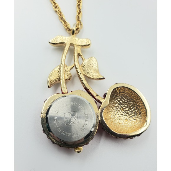 Suzanne Bjontegard Long Cherry Watch Necklace – Unworn Vintage – Red Rhinestones - Picture 8 of 8